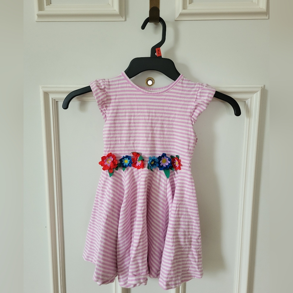 Mini Boden Dress Size 2-3 Years Pink Striped Flowers Short Sleeves